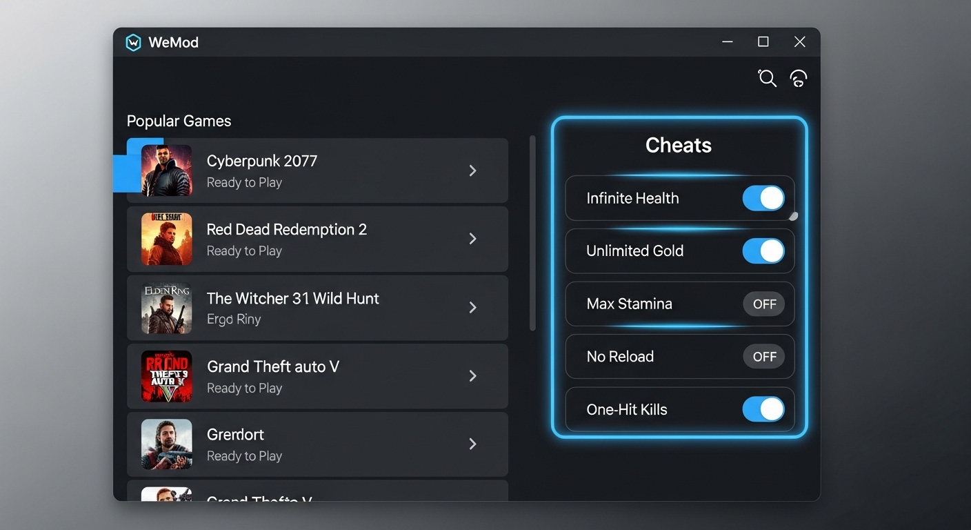 WeMod Pro desktop interface showing trainer toggles and game library
