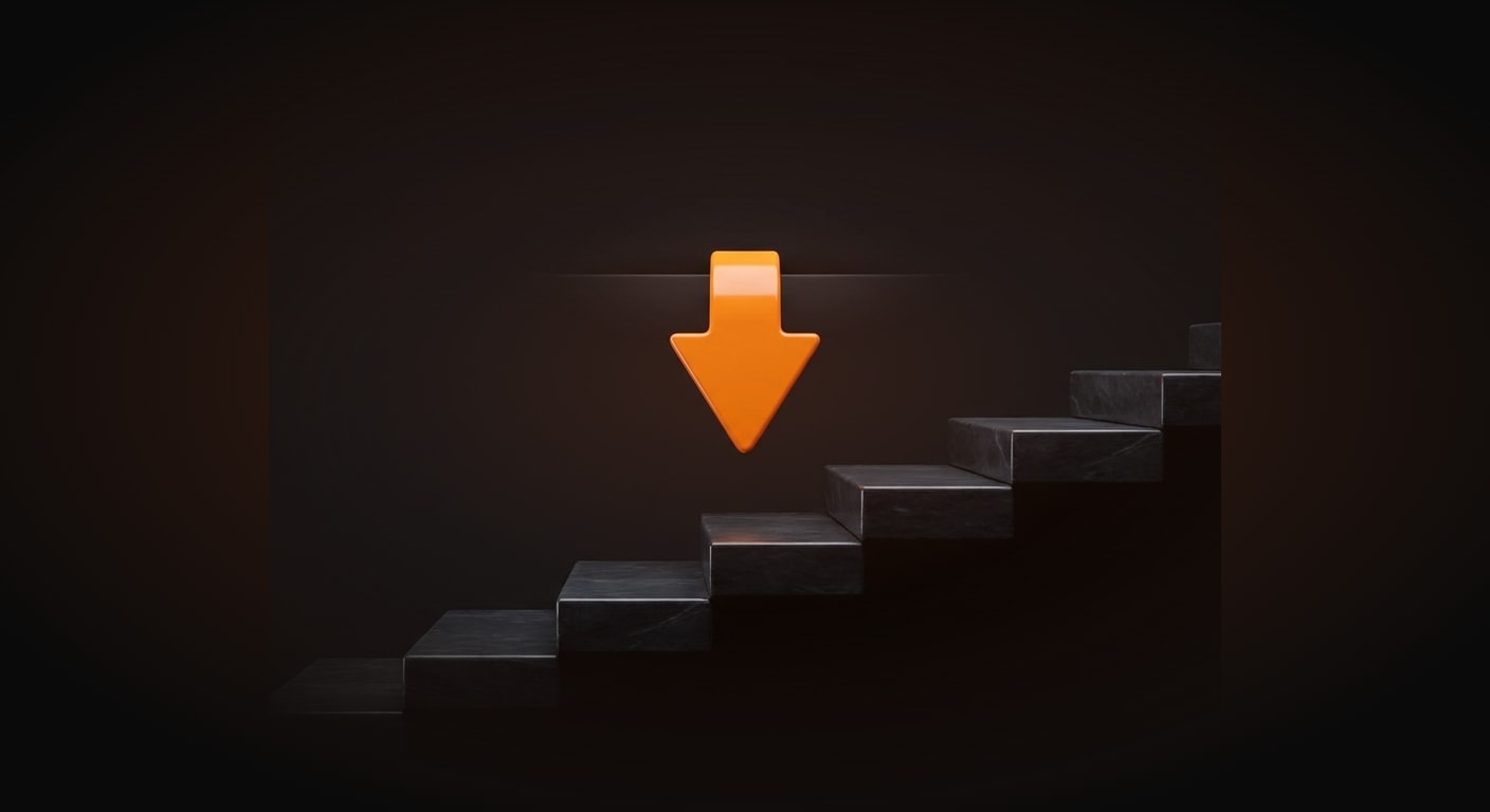 A single bright orange downward-pointing arrow descending and tracing along the top edge of an invisible rising staircase made of smooth dark steps, the arrow positioned as if it just slipped below a 
