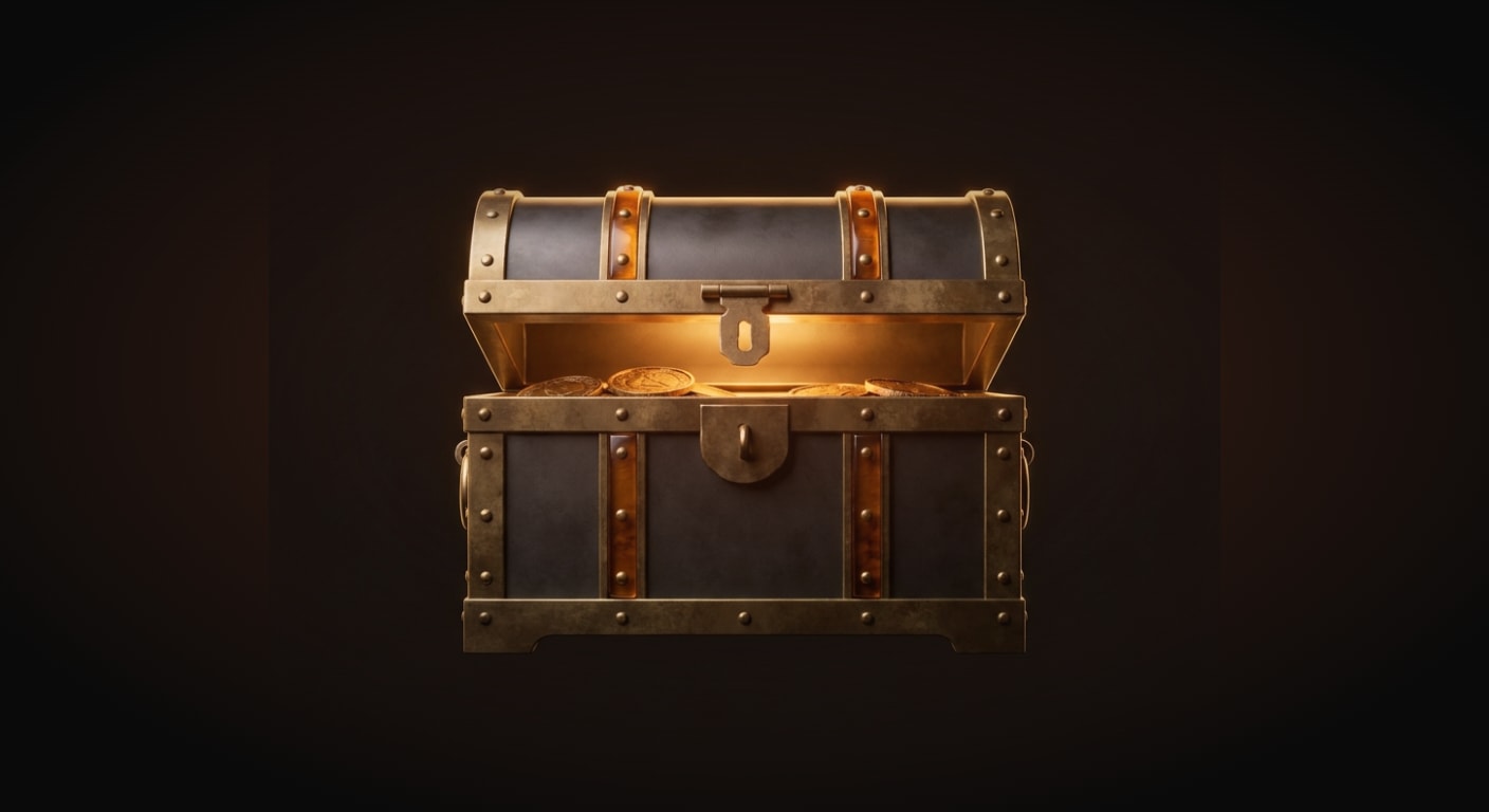 A single pristine treasure chest, frontal symmetrical view, centered with wide empty margins, lid slightly open emitting a soft warm golden glow from within, but the chest itself is nearly empty showi