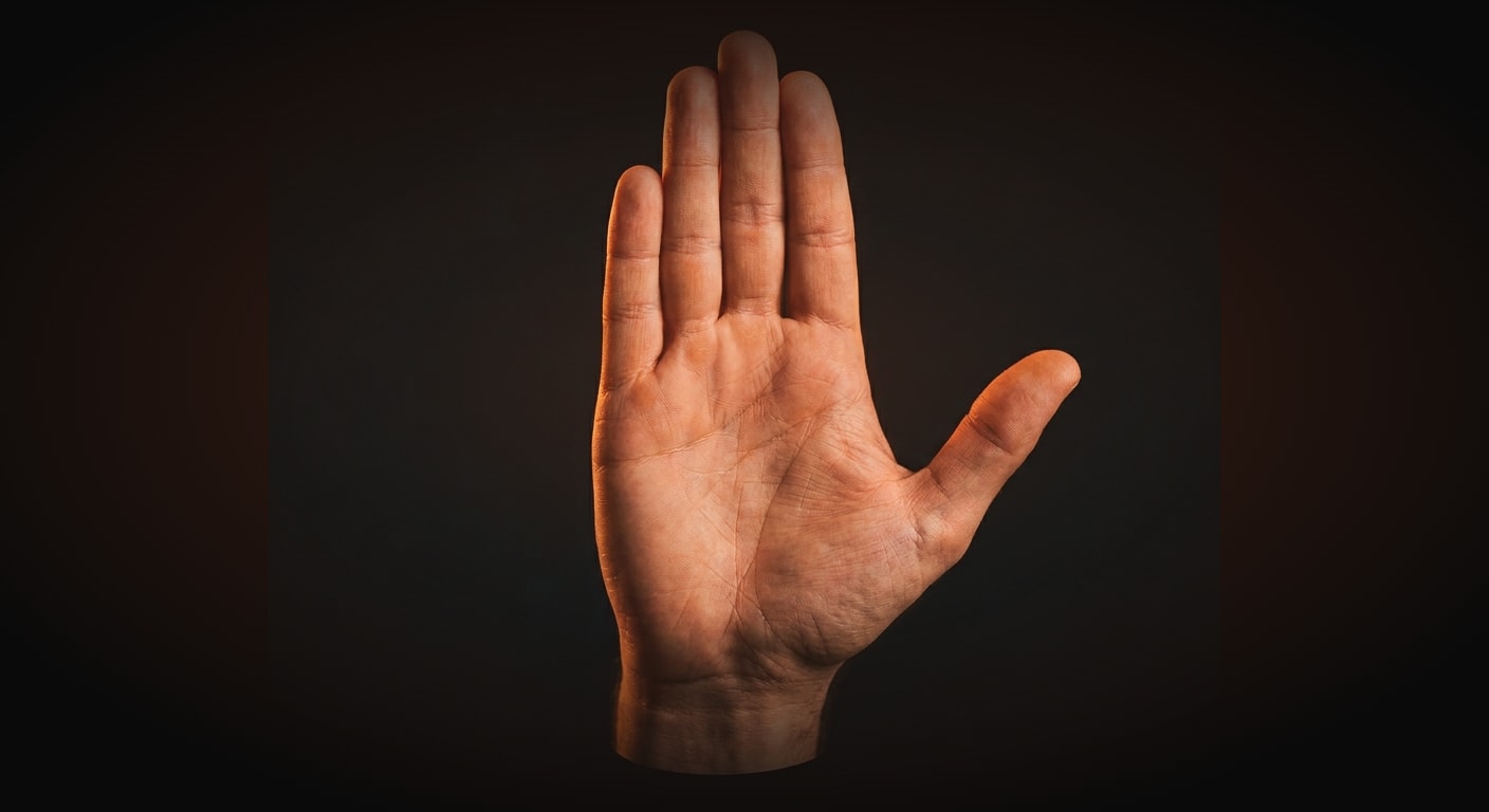 Macro close-up photograph of a single realistic human hand, palm facing the viewer in a clear frontal STOP gesture, fingers joined and extended straight upward, exactly five fingers, anatomically corr