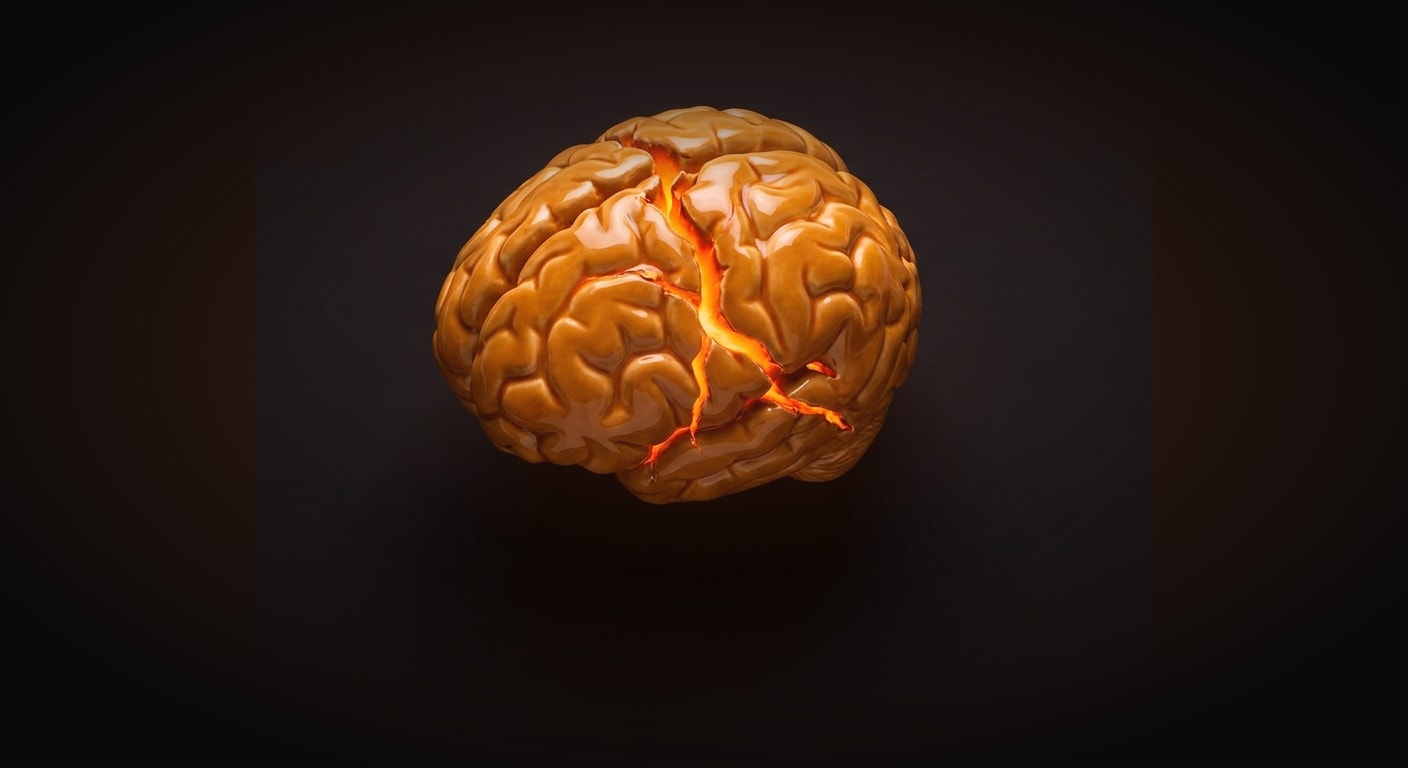 A single brain shape rendered as smooth glossy ceramic in warm amber tones, partially cracked and splintering down the middle with glowing molten orange fractures spreading through it, isolated and pe