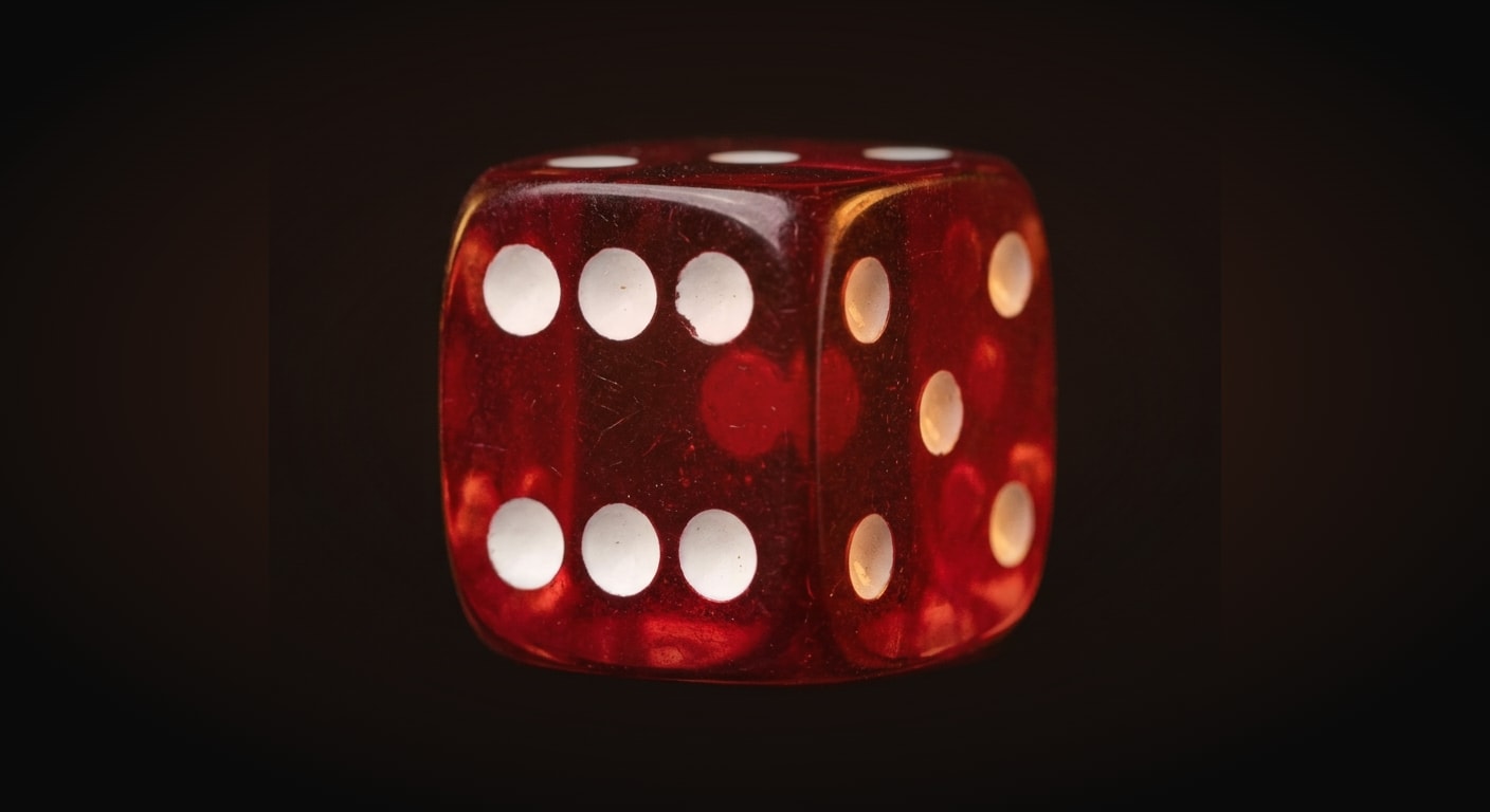 A single classic casino dice cube, deep red translucent material with crisp white pips, macro close-up with very shallow depth of field showing crisp surface texture and sharp edges, perfectly centere