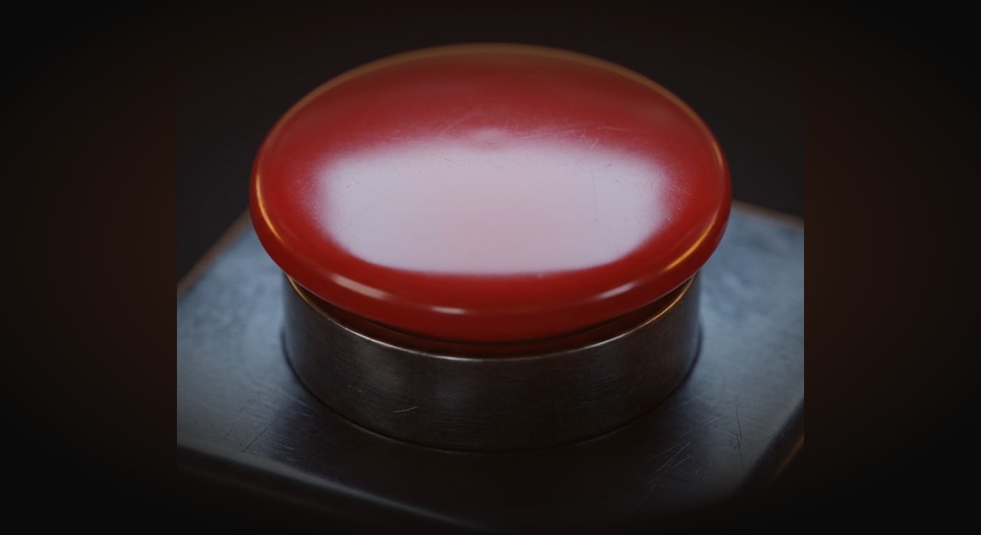 Macro close-up of a single red emergency push button with a glossy domed cap, raised on a dark metallic housing, perfectly centered with wide empty margins. Very shallow depth of field, crisp textures showing fine surface detail and subtle reflections on the polished button. Cool