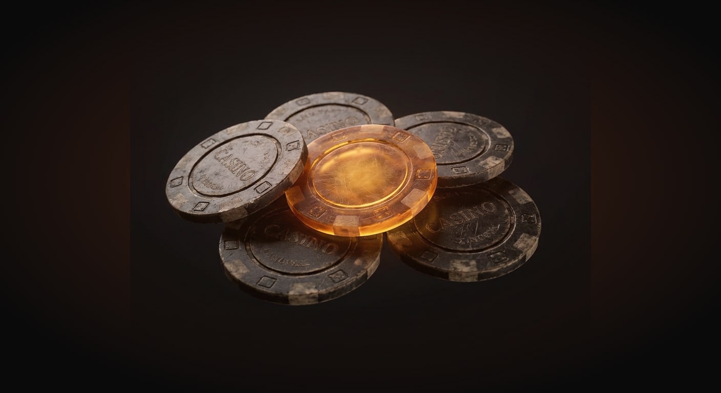 Extreme macro close-up of a small cluster of poker-style chips, most of them dark and worn, with a single glowing amber chip standing out among them, centered against a solid near-black background (#0