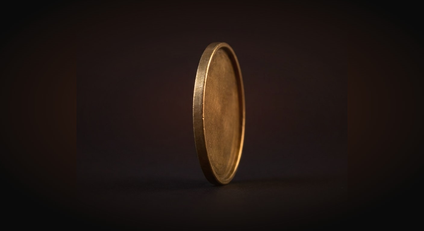 A single elegant brass coin balanced on its edge that appears solid and heavy from the front but is revealed to be hollow and paper-thin in profile, like a stage prop, centered with wide empty margins, frontal symmetrical composition, moody low-key lighting with a soft rim light 