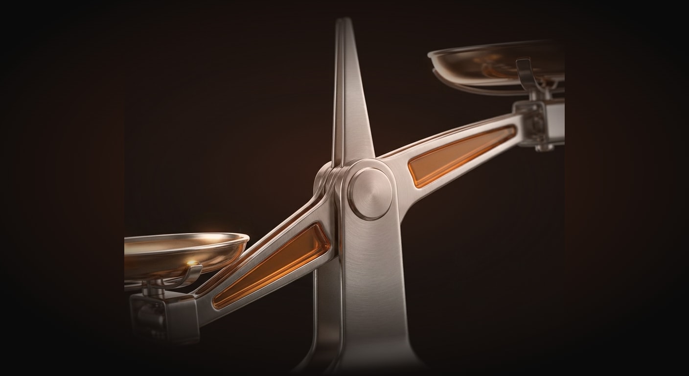 Macro close-up of a single tilted balance scale rendered as a polished metallic object, perfectly centered, one pan low and one high to suggest the profit split between trader and firm.