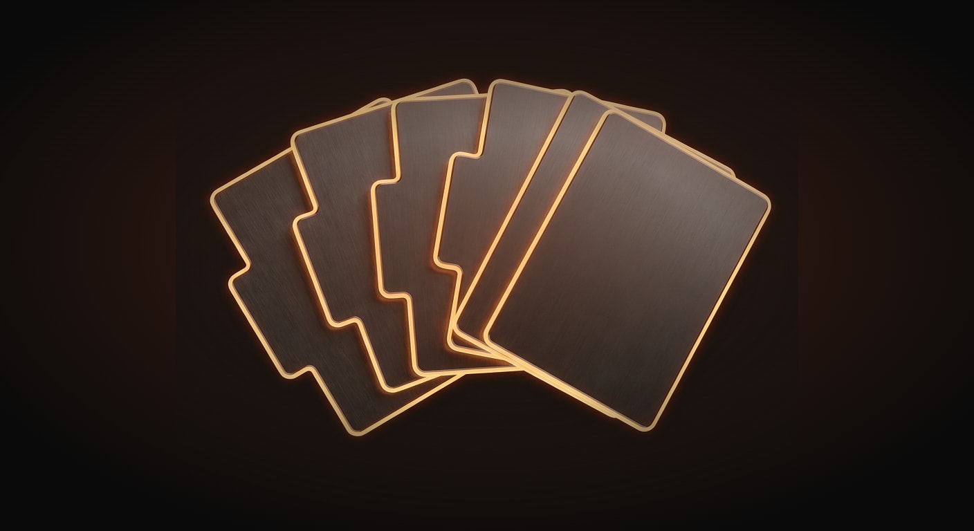 A single set of six clean interlocking rulebook tabs or dividers fanned out like a card deck, each a blank slab of dark brushed metal with a glowing amber edge, arranged in a tight cohesive group, subject with a slight three-quarter tilt, clean even gallery lighting.
