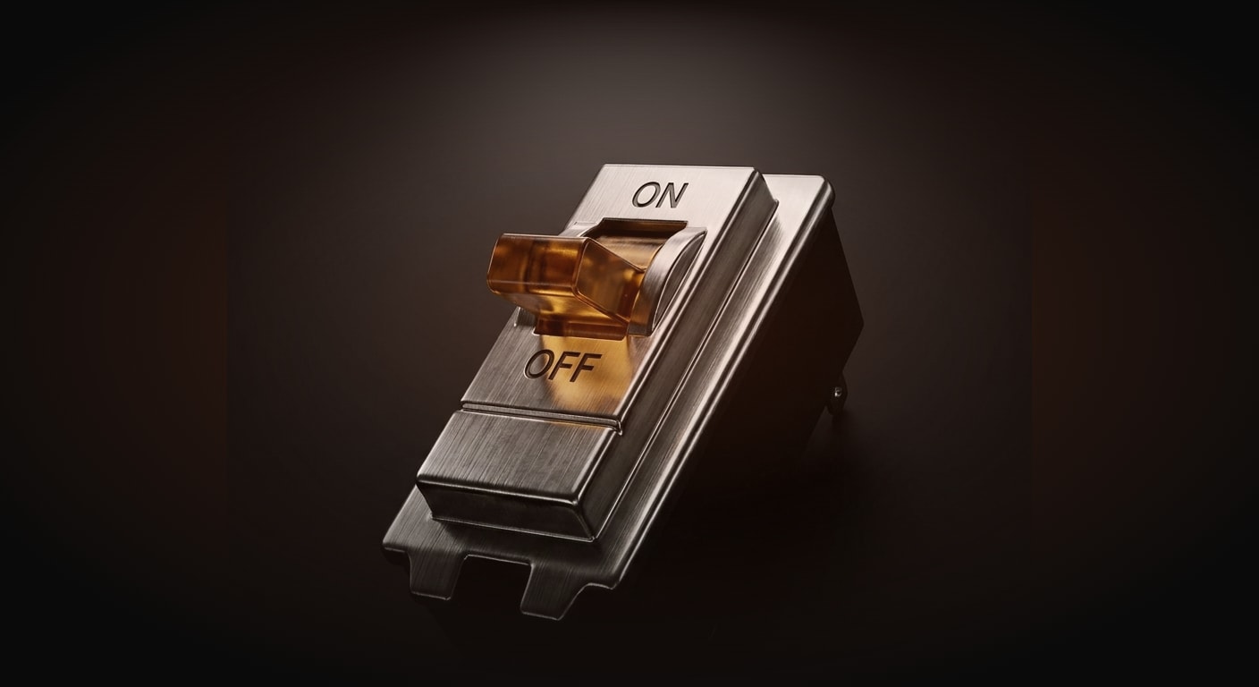 A single robust circuit-breaker style safety switch, low hero angle looking up, bold and dramatic composition, rendered as a premium physical object in brushed metal with a warm amber toggle mid-flip, symbolizing an automatic guard that stops action the instant a limit is breached.