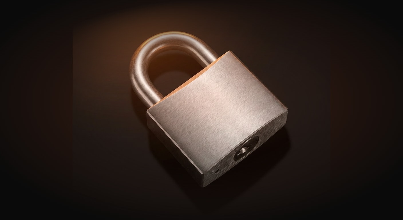 A single sturdy metal padlock, closed, brushed steel body with a warm amber glow catching the shackle, centered on a near-black background (#0A0A0A), viewed from a 3/4 high angle looking slightly down with a soft long shadow cast beneath it. Polished studio product rendering.