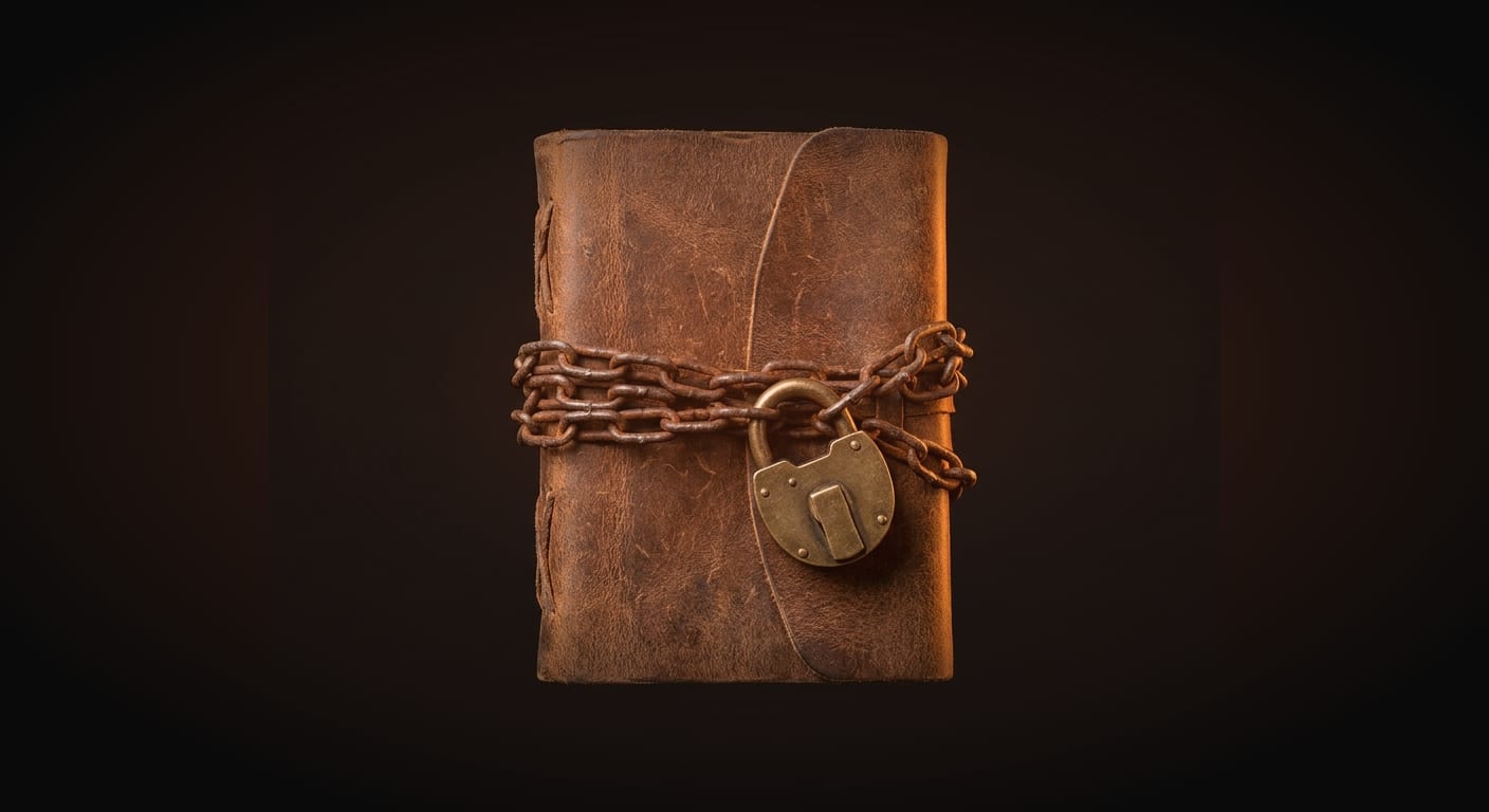 A classic leather-bound journal or notebook closed shut and secured with a heavy metal padlock and chain wrapped around it, camera straight-on at eye level, subject centered with generous empty margins.