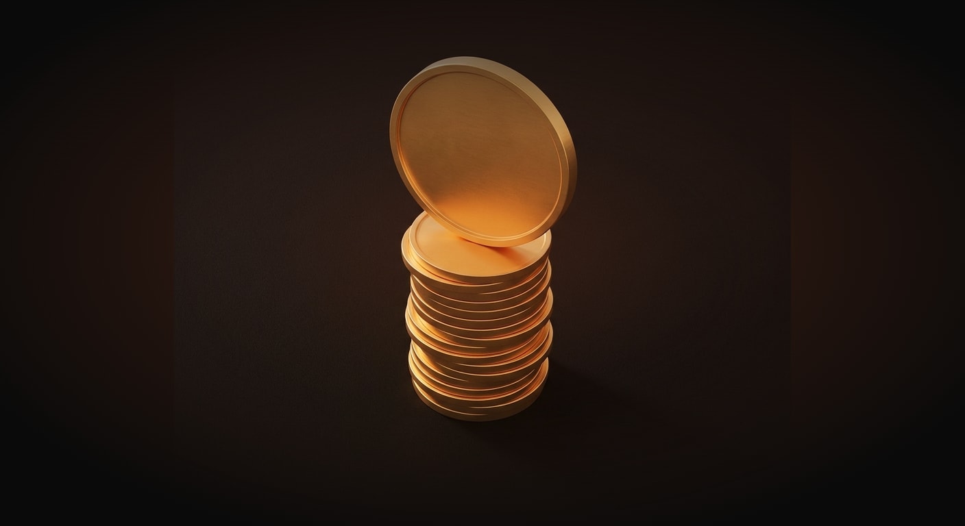 A single tall stack of identical gold coins where every coin is exactly the same size except one dramatically oversized coin sitting on top, breaking the even rhythm of the column, symbolizing one outsized day dominating total profit. Camera 3/4 high angle looking slightly down.