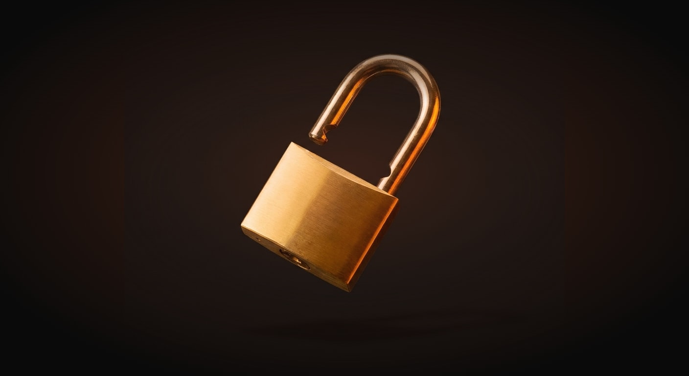A single unlocked golden padlock breaking open, its shackle springing free, made of polished brass-gold metal with warm amber highlights, representing passing the evaluation and unlocking the funded account, floating centered against a solid near-black background (#0A0A0A).