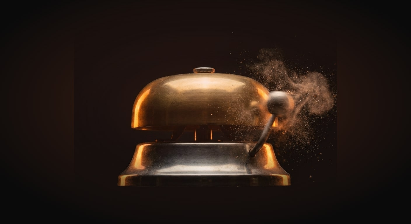 A single classic mechanical alarm bell, brass and steel, dome-shaped with a visible striker, shown mid-ring as if actively sounding, captured from a low hero angle looking up, bold and dramatic.