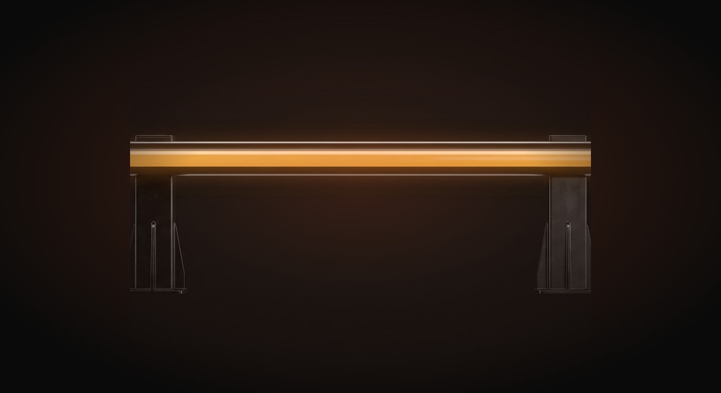 A single glossy guard rail barrier, a heavy horizontal safety limit bar mounted on two sturdy posts, rendered as a sleek matte-black and amber-accented object symbolizing a hard daily loss limit.