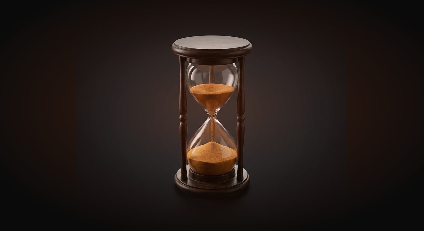 A single classic hourglass with warm amber sand, most of the sand already fallen to the bottom bulb, symbolizing a prop firm account on a clock, centered on a solid near-black background #0A0A0A filling the frame, wide empty margins around the subject for cut-out compositing.