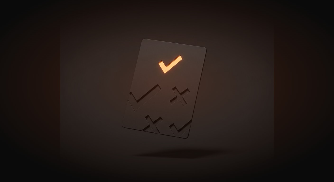 A single pristine report card or scorecard rendered as a sleek matte-dark card with embossed checkmark and cross marks debossed into its surface (no text, no numbers, only abstract check and X glyph shapes), a glowing amber pass-checkmark carved cleanly on top.