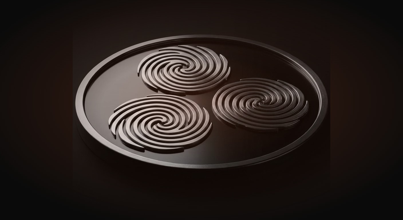 Three identical fingerprint-style loops rendered as raised metallic ridges on a dark polished coin-like disc, each one exactly the same repeating pattern, symbolizing the same failure signature across three accounts; low hero angle looking up, bold dramatic framing.