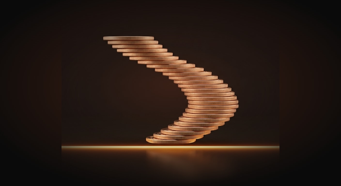 A descending staircase of stacked coin discs where the floor line beneath them is a rising glowing amber tripwire threshold about to be touched, symbolizing a trailing drawdown limit closing in, subject with a slight three-quarter tilt, clean even gallery lighting.