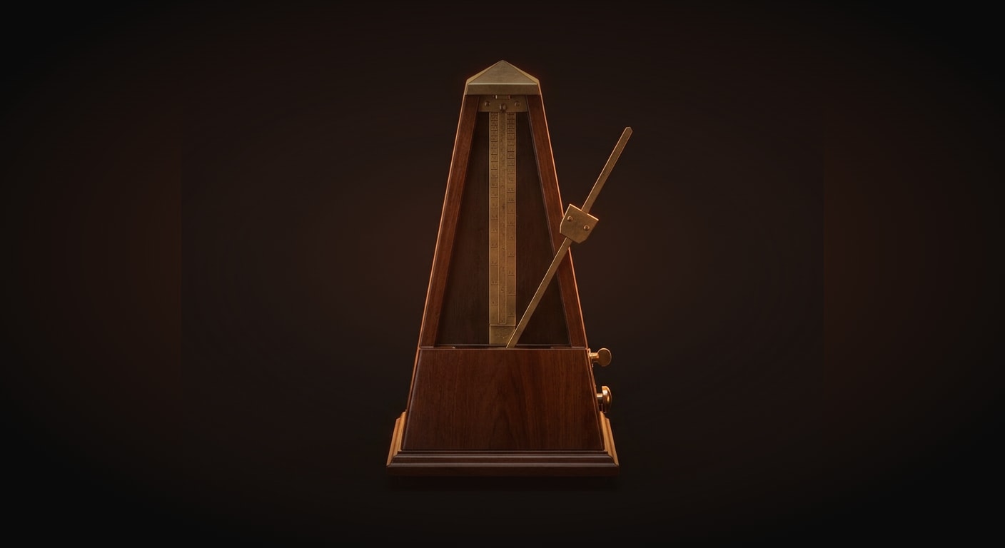 A single classic metronome standing upright, centered, its pendulum arm frozen mid-swing, precision-machined brass and dark lacquered wood, symbolizing a fixed rhythmic trigger that fires the same way every day. Frontal symmetrical composition, moody low-key lighting.