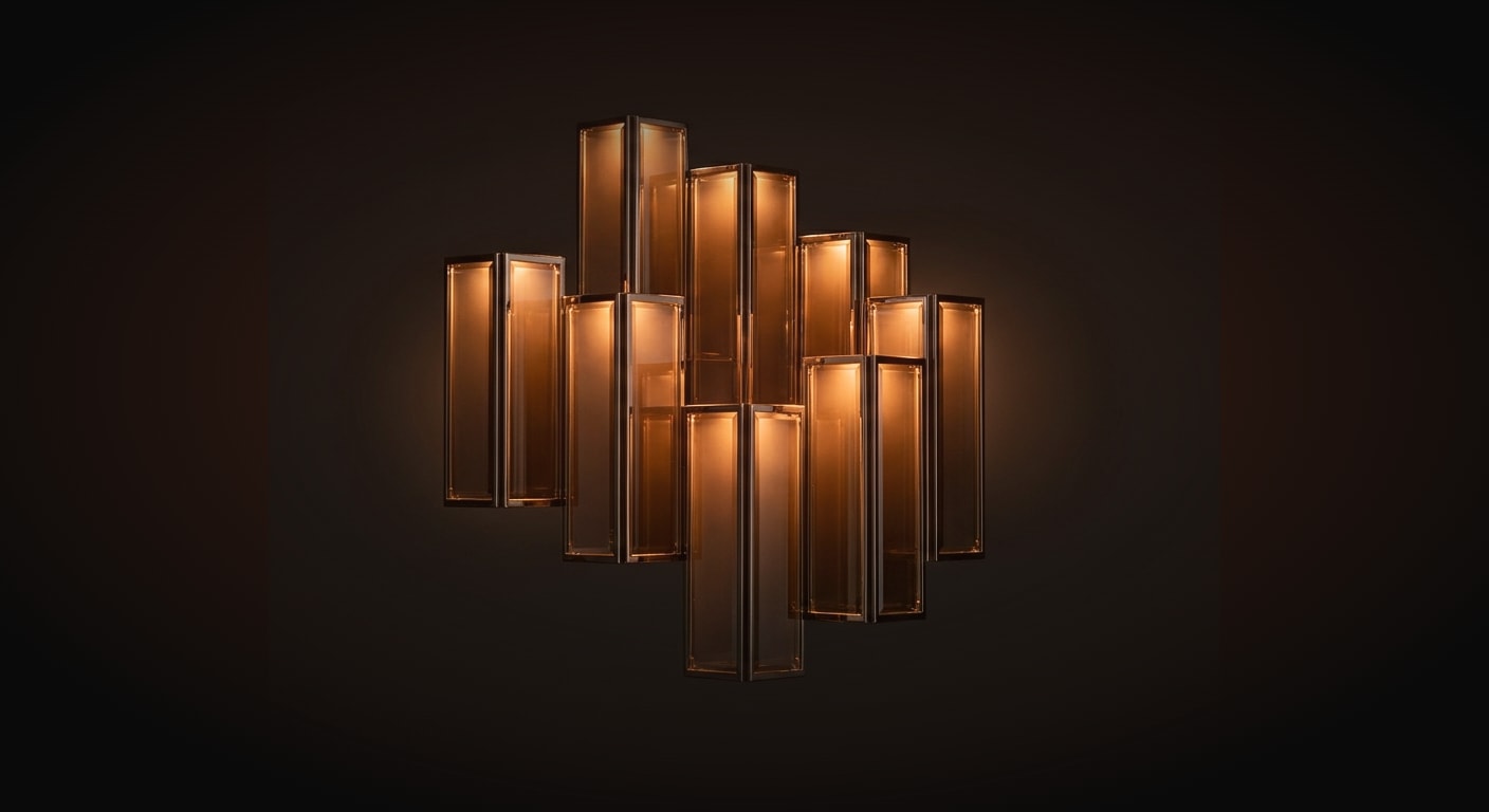 A row of identical vertical bars descending step by step like a slipping discipline score, each bar a solid glass-and-metal block with warm amber internal glow, arranged in a tidy symmetrical cluster centered on a solid near-black background (#0A0A0A), frontal symmetrical composition.