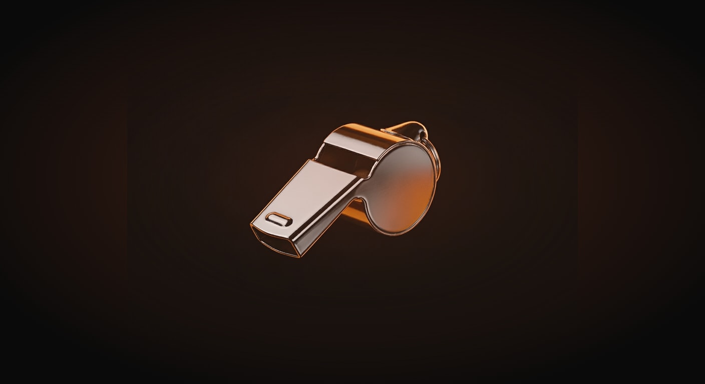 A single classic striped referee's whistle floating centered against a near-black solid background (#0A0A0A), frontal symmetrical composition, moody low-key lighting with a soft rim light tracing the metal edges, polished chrome body with a warm amber highlight.