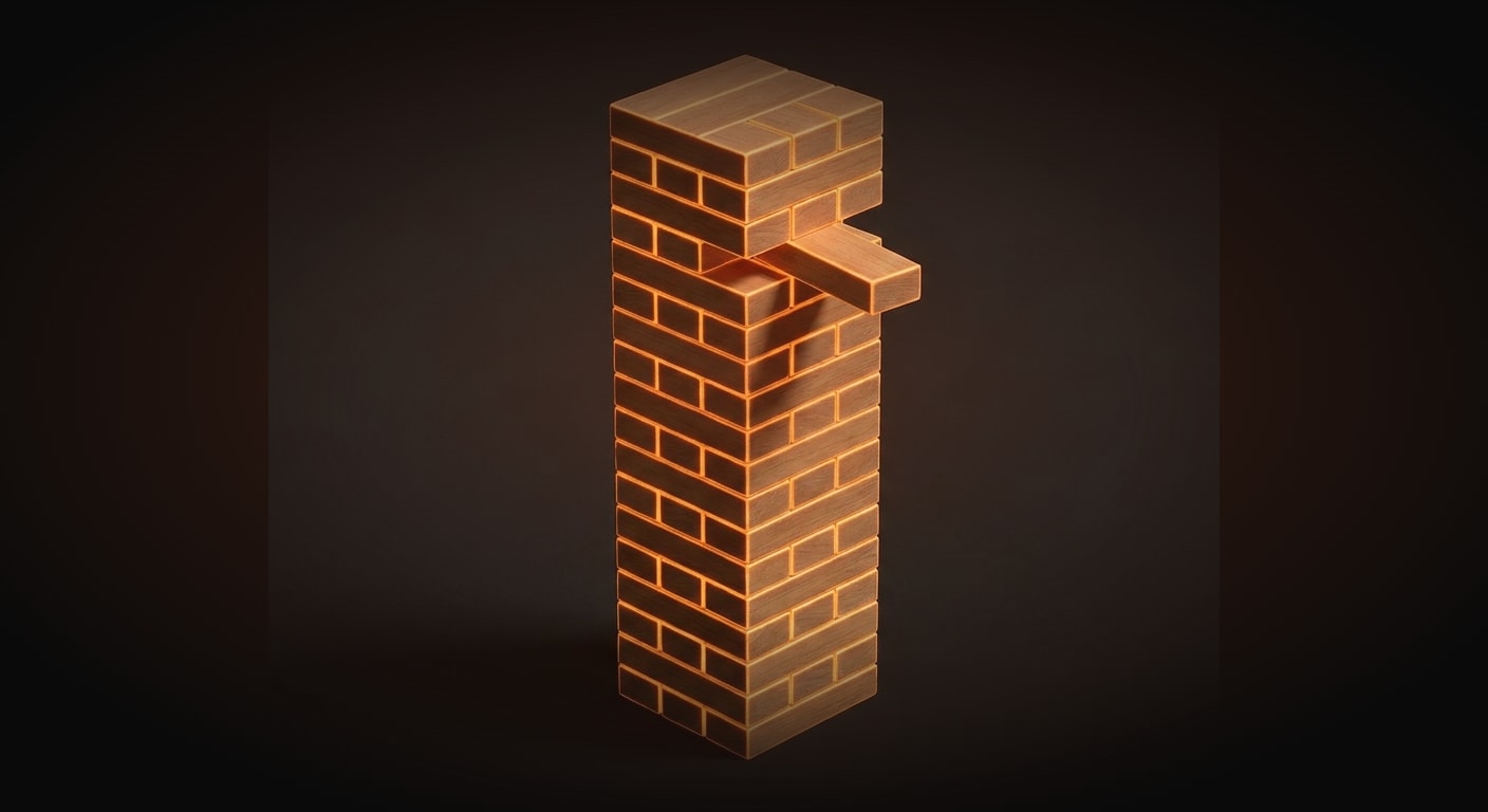 A single stack of identical wooden building blocks assembled into a tall tower, each block representing a separate discipline behavior stacked one atop another, glowing warm amber on the edges, one block slightly offset to suggest a fragile but growing structure.