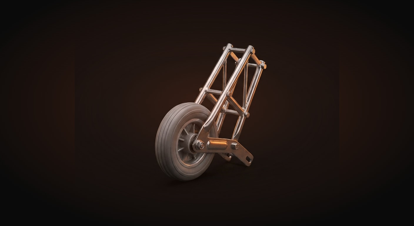 A single sturdy training-wheel style small stabilizer wheel with its metal support bracket, evoking scaffolding and support while learning, subject with a slight three-quarter tilt, clean even gallery
