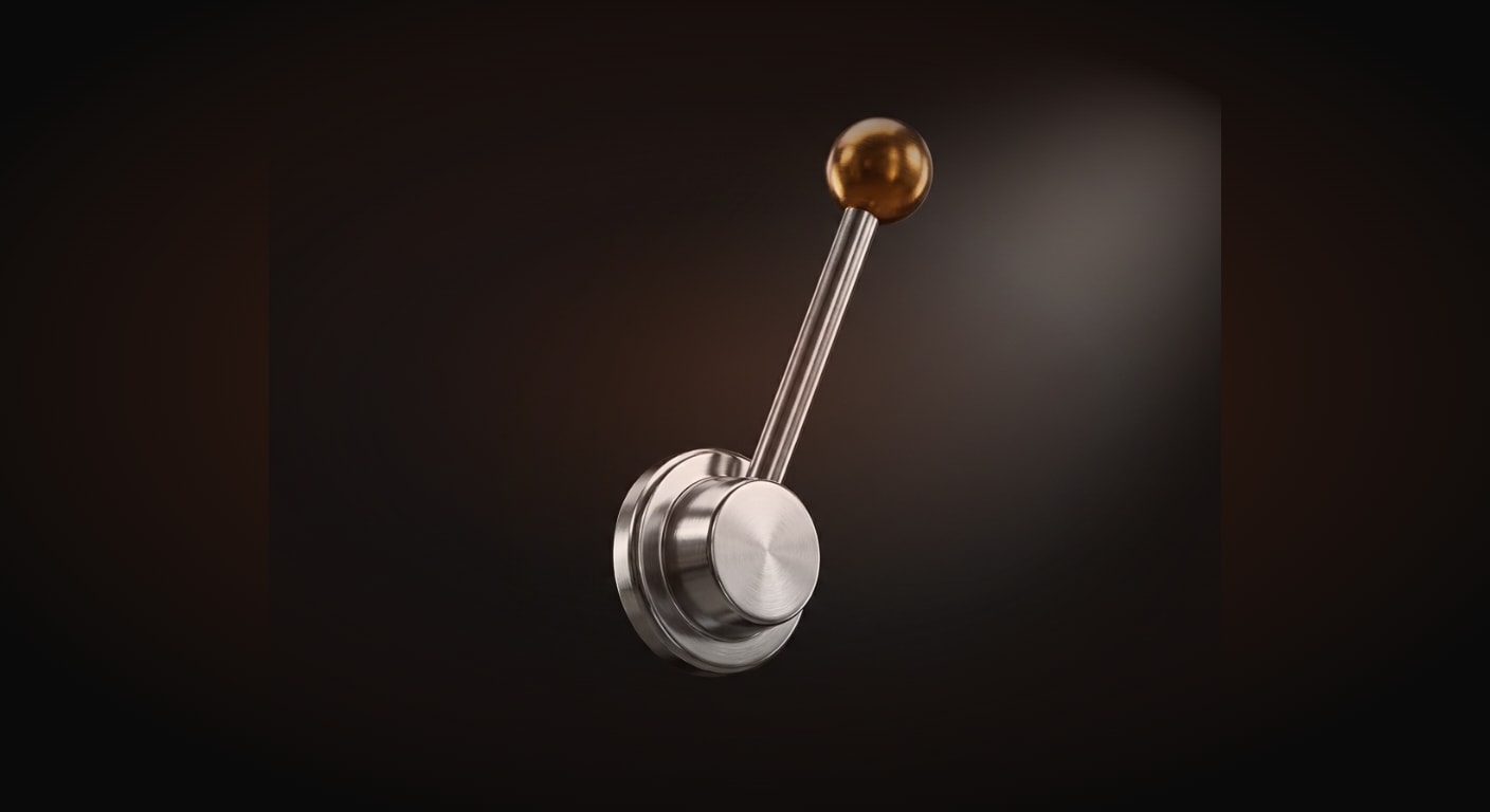 A single classic arcade slot machine lever with a round knob handle rendered in polished chrome and warm amber-tinted metal, isolated and perfectly centered, floating against a solid near-black backgr