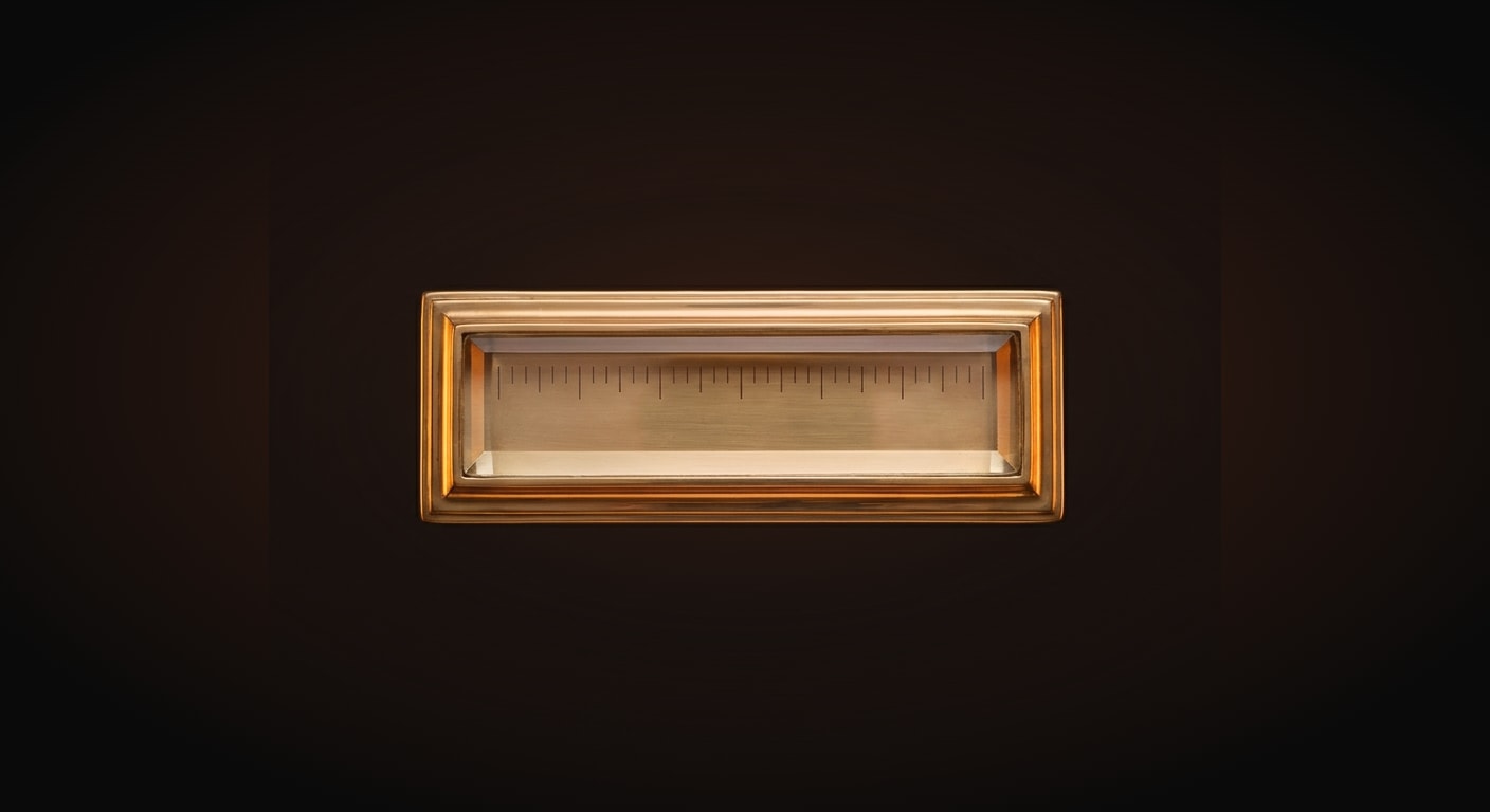 A single brass-and-glass ruler or measuring gauge, centered and floating on a solid near-black background (#0A0A0A), symbolizing sizing risk before the trade. Polished brass body with etched tick divisions, no numbers or text, warm amber highlights along the edge.