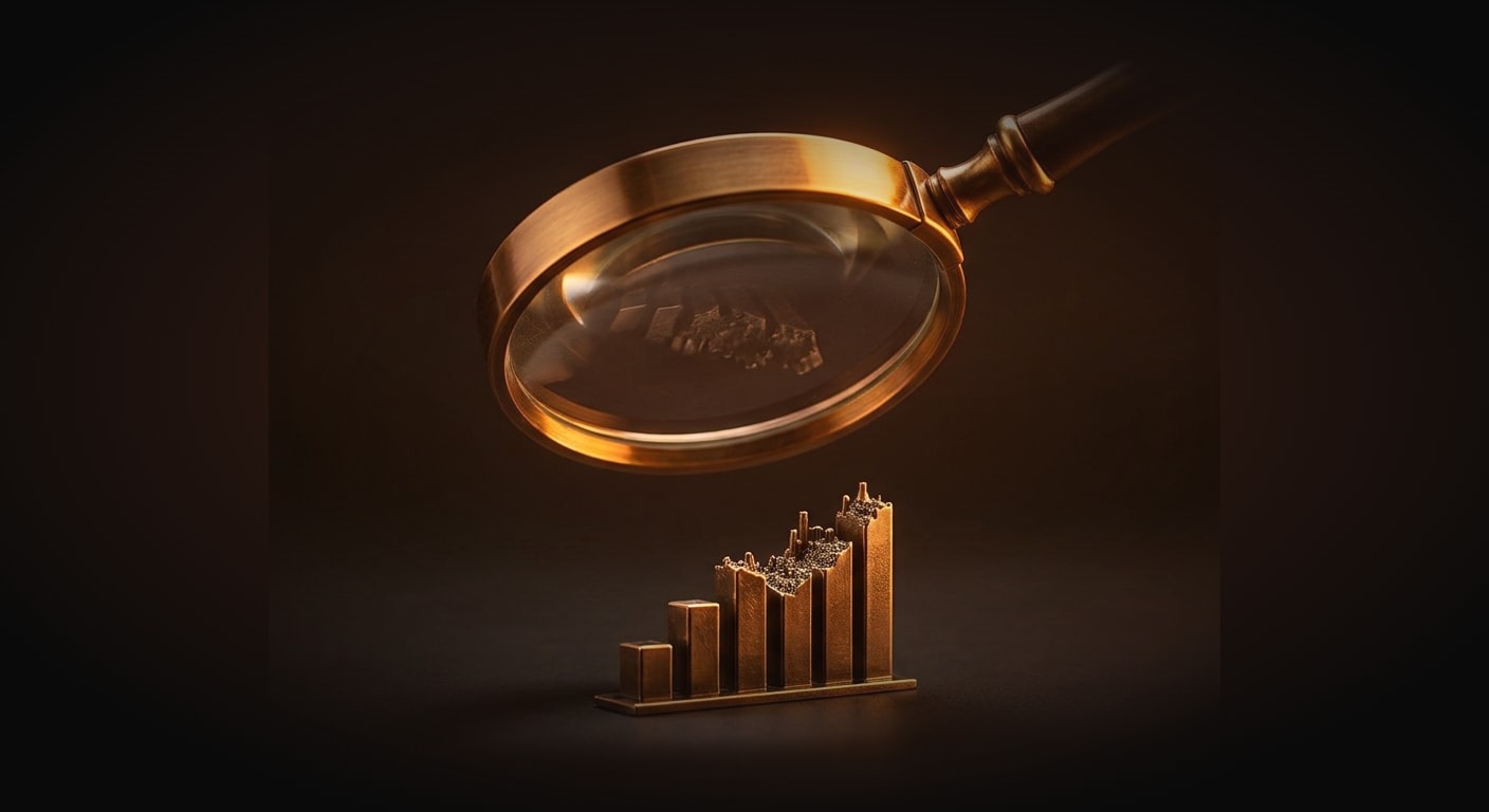 A single vintage brass magnifying glass hovering centered and upright over a small three-dimensional candlestick bar shape, the lens revealing sharp detail beneath it, symbolizing real data inspection rather than self-reporting, warm amber highlights on polished metal.