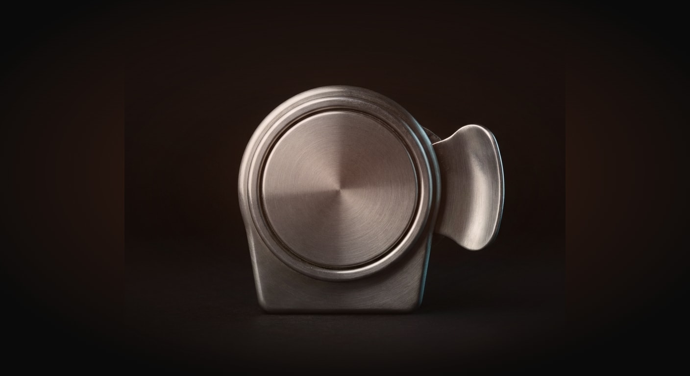 A single sturdy metal ratchet counter / tally clicker device shown as a clean industrial object, its dial ring blank, thumb lever poised, symbolizing counting each disciplined session one click at a time; frontal symmetrical composition, moody low-key lighting.