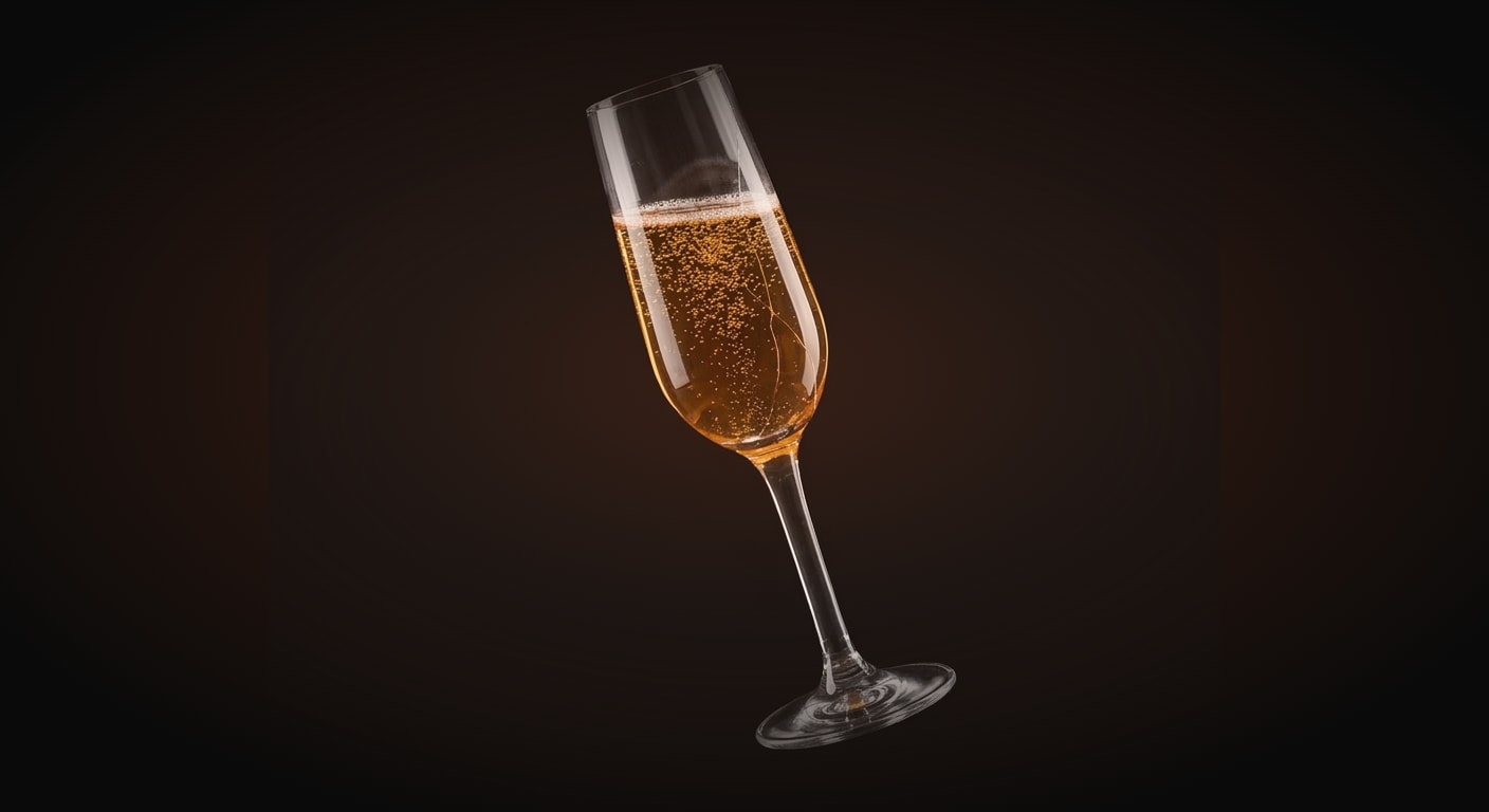 A single clear glass champagne flute filled with rising golden bubbles, tilted slightly at a three-quarter angle, the liquid glowing warm amber, one crack subtly spidering up the side of the glass hinting at fragility beneath the celebration, clean even gallery lighting.