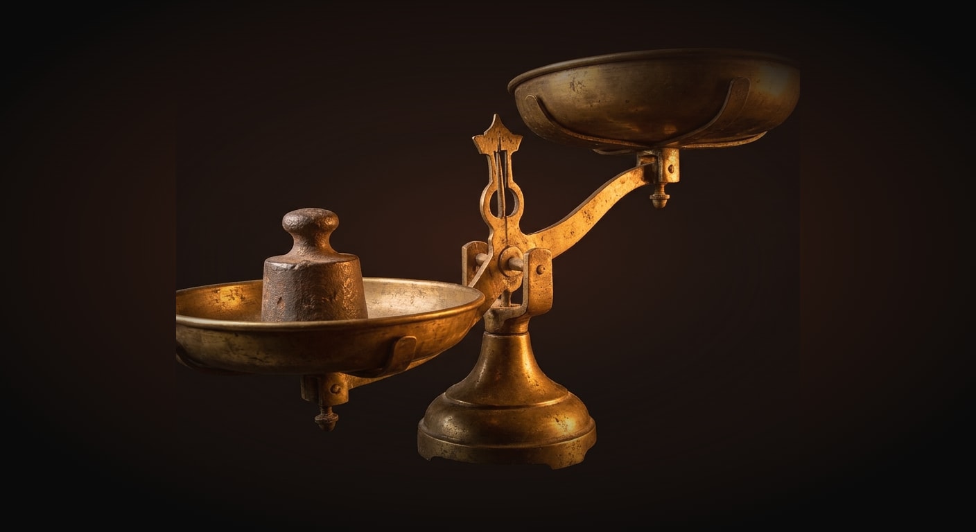 A brass old-fashioned balance scale tipped heavily to one side, one pan sinking dramatically lower than the other showing lopsided weighting, a single central object, low hero angle looking up, bold and dramatic, strong key light, studio product rendering, crisp detail.