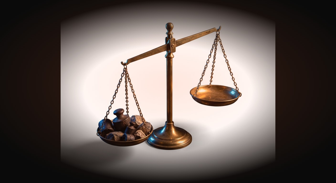 A single old-fashioned brass balance scale (two pans) tipped heavily off-balance, one pan sinking low and overloaded, centered on a solid near-black background #0A0A0A, symbolizing risk that outweighs the trader's tolerance.
