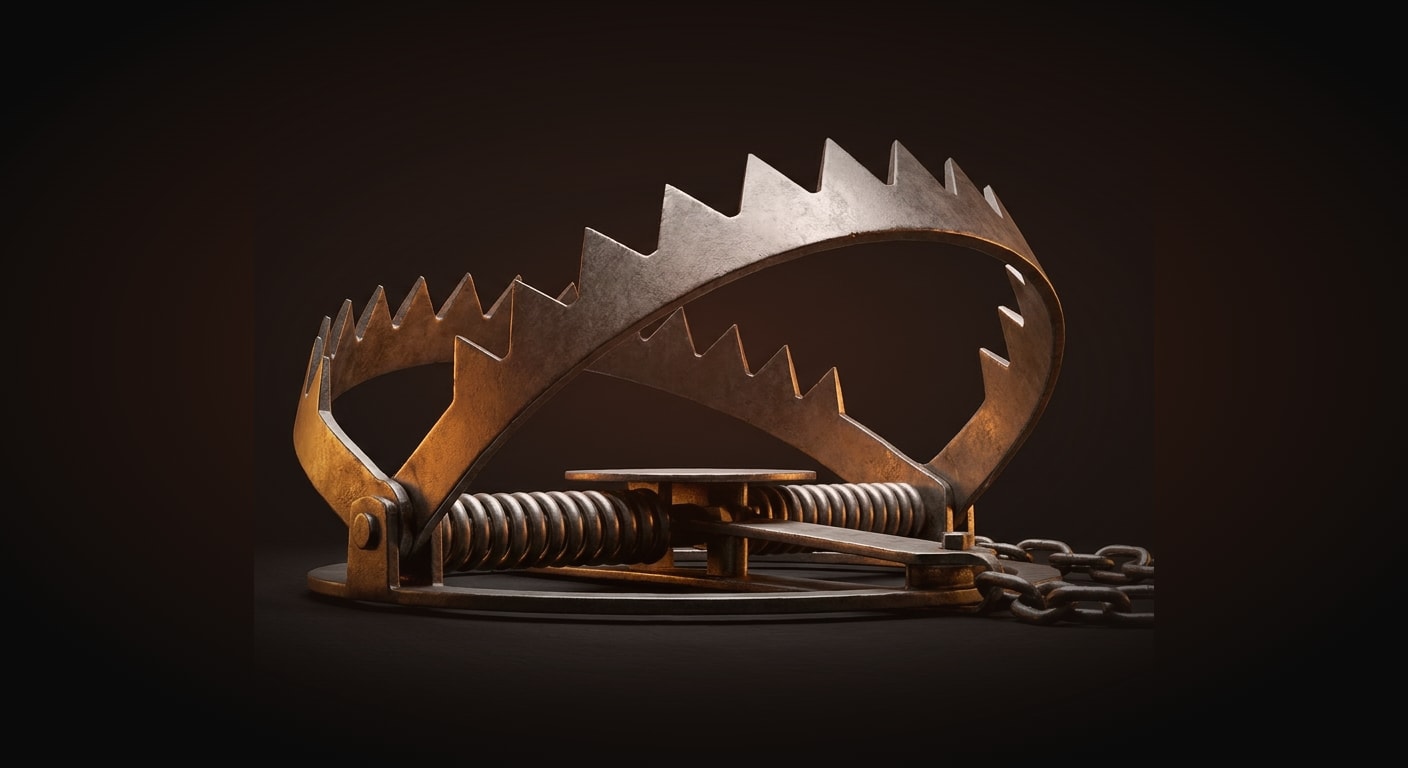 A single closed steel bear trap resting shut and set, jaws poised but not sprung, representing disciplined restraint that only triggers on the right condition. Low hero angle looking up, bold and dramatic, strong key light emphasizing the tension of the mechanism.