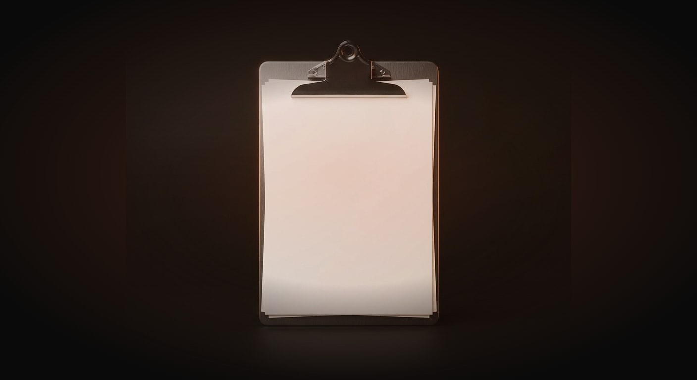 A single sturdy metal filing ledger clipboard holding a stack of clean blank sheets, closed and standing upright, perfectly centered and frontal on a near-black background #0A0A0A, symmetrical composition, moody low-key lighting with a soft warm rim light tracing its outline.