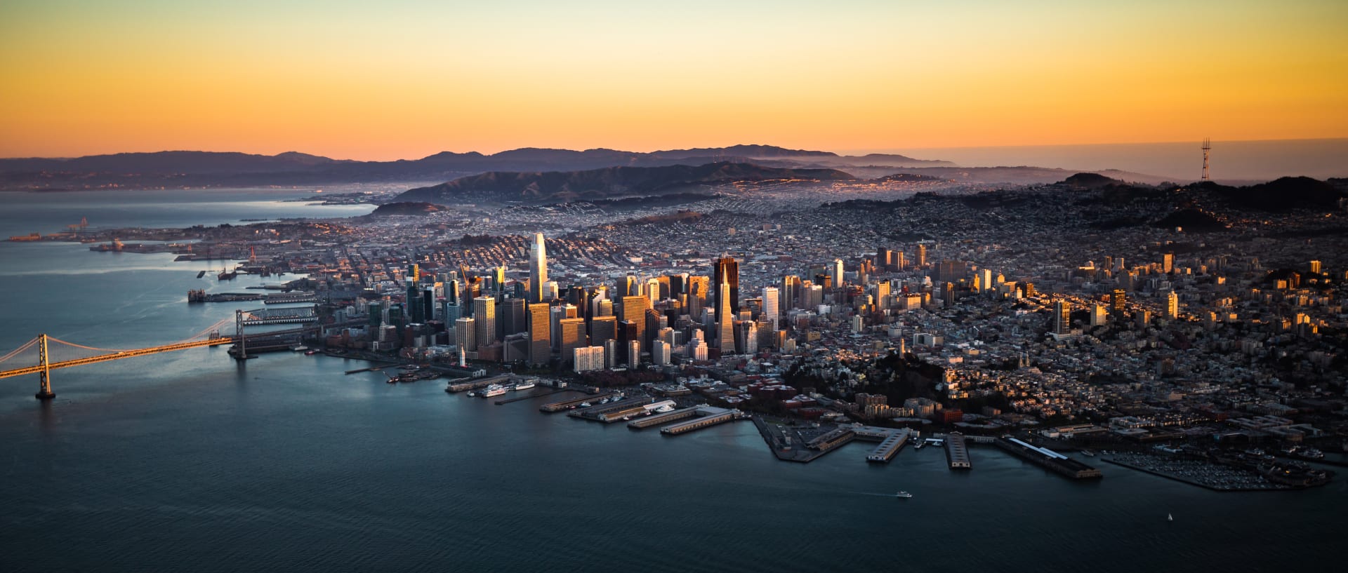 Aerial view of the downtown San Francisco skyline at sunset