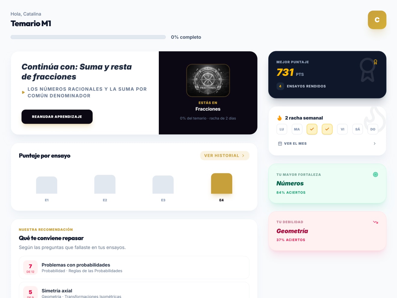 Panel del alumno: contenido siguiente, mejor puntaje, racha, y el eje más fuerte y el más débil.