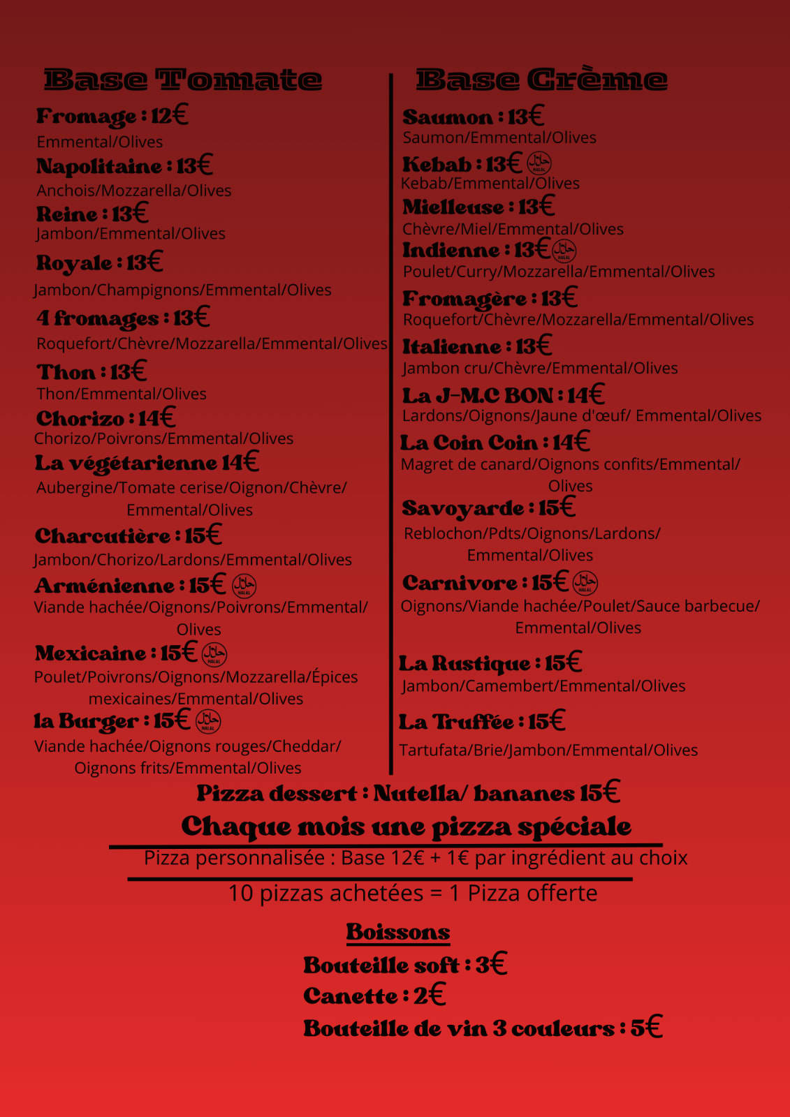 La carte de Chez J-M.C Bon