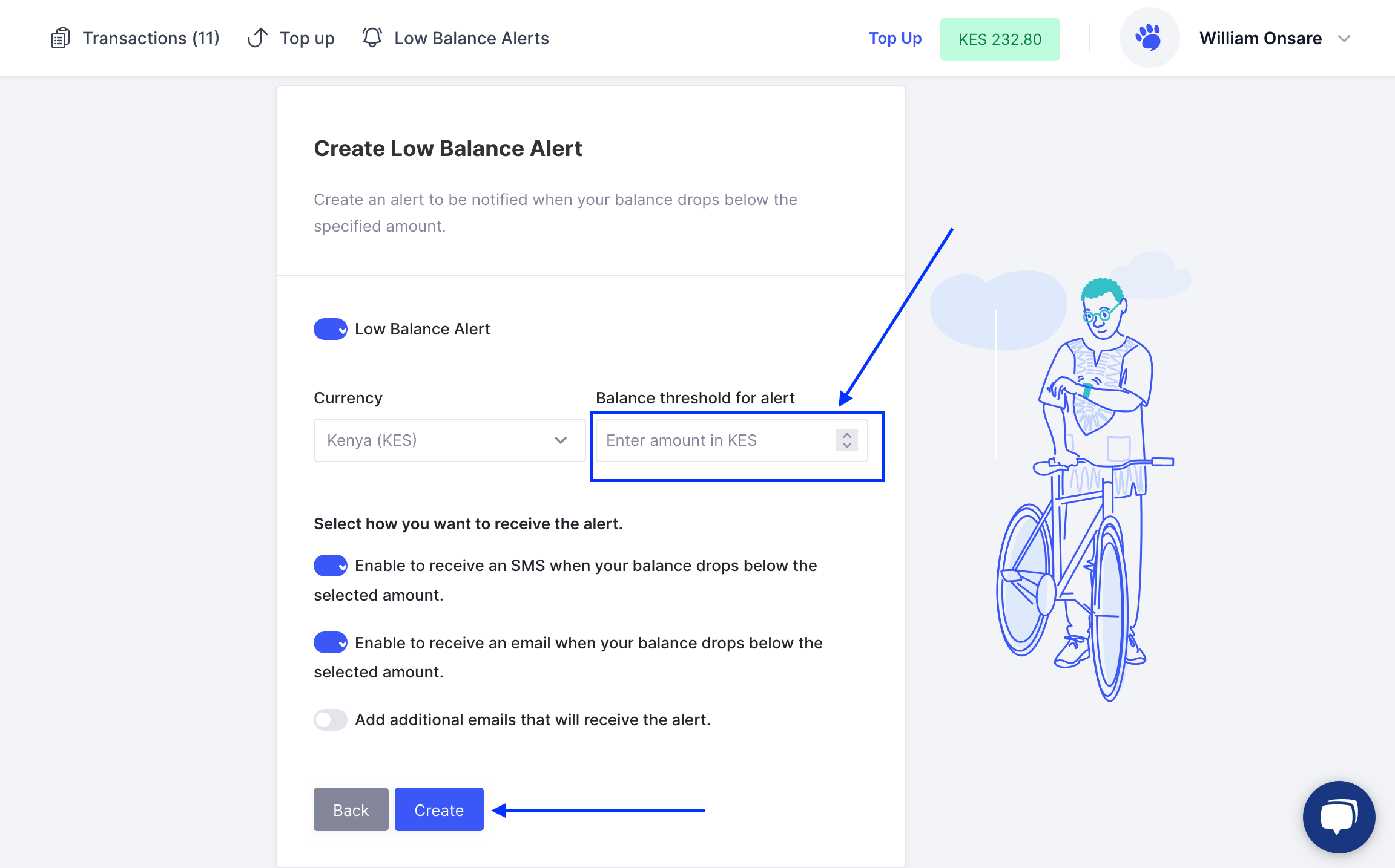 Enter desired details for the low balance alert and click create
