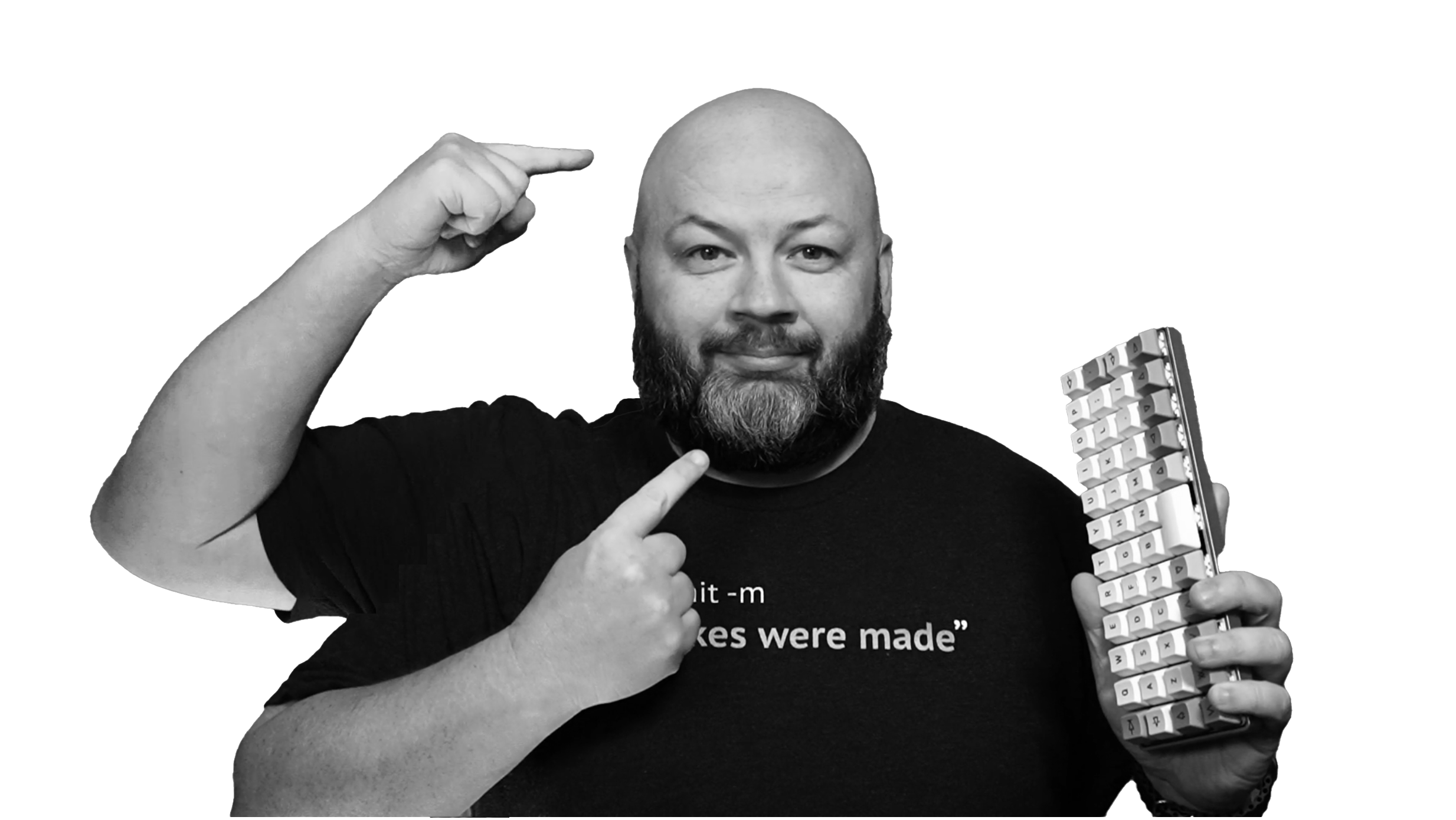 Michael, with three arms. One pointing to his bald head, one pointing to his beard, and the last holding a mechanical keyboard.