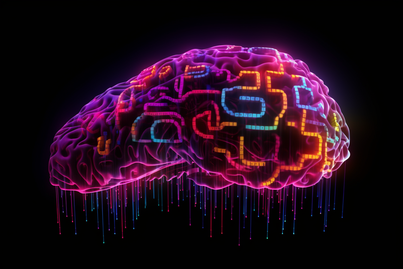 AI generated art of neon brain made of circuitry dripping information.