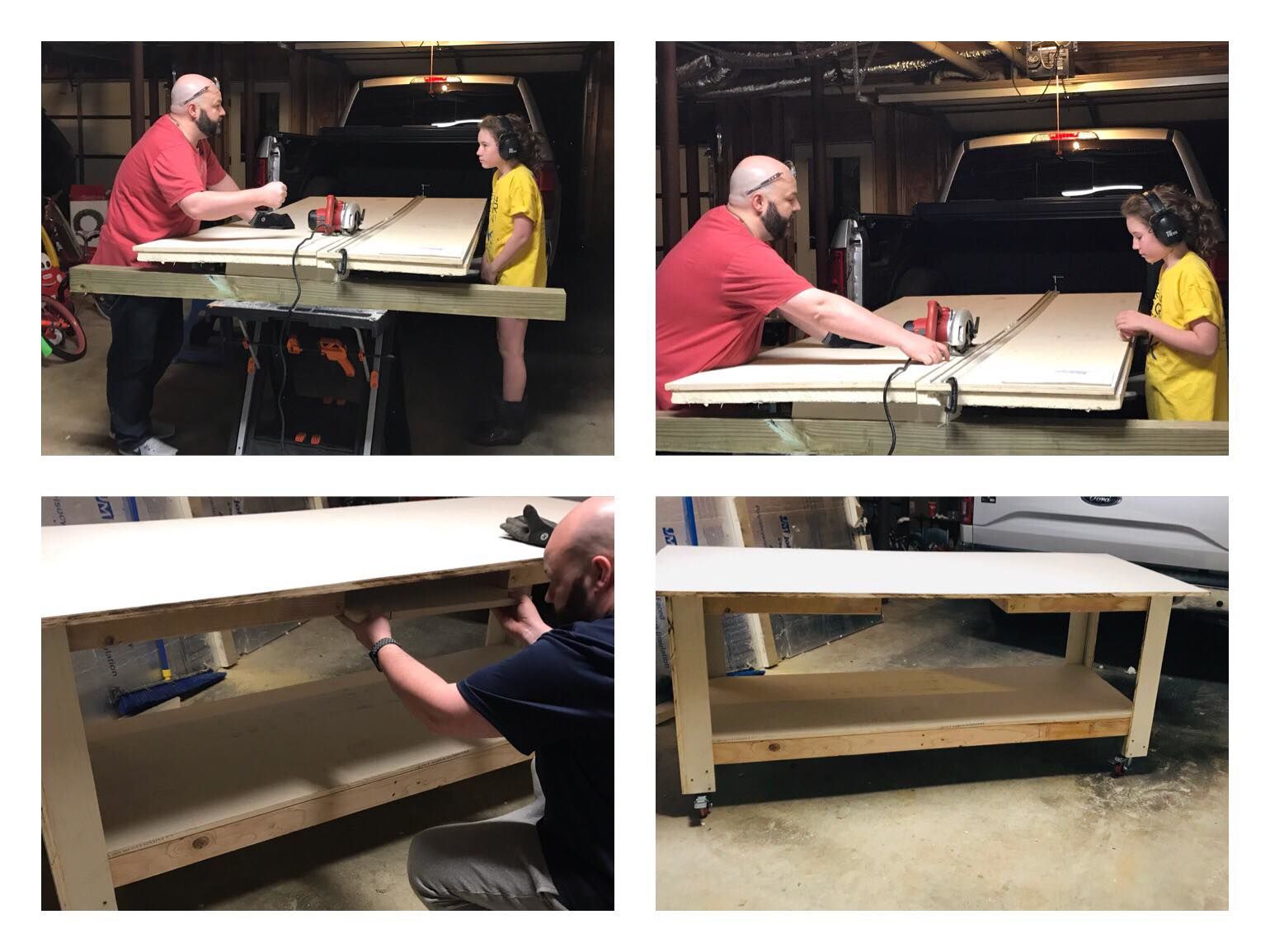 Collage of pictures with Michael & Lauryn building a table.