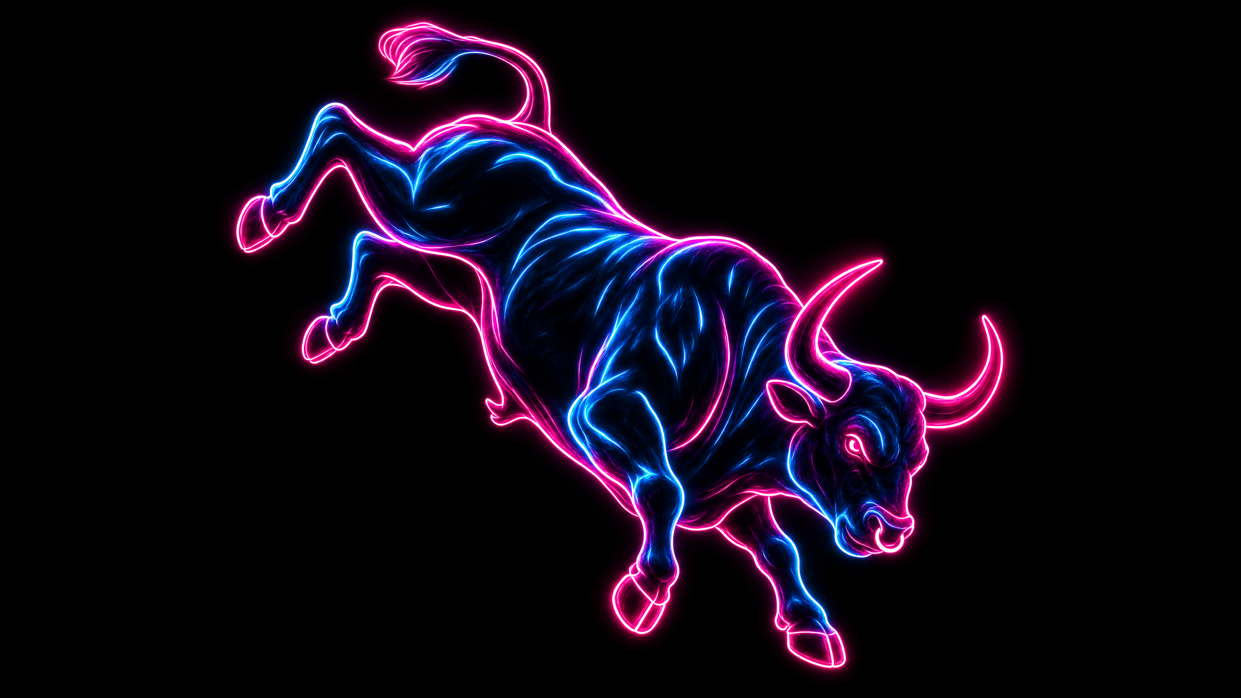 Neon bull bucking on a black background