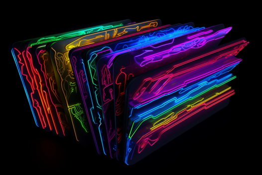 AI generated image of neon folders on a black background