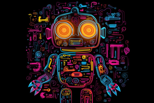 AI generated image of neon robot surrounded by speech on black background