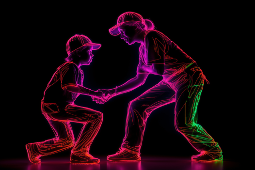 AI generated image of neon mother and son playing baseball on black background