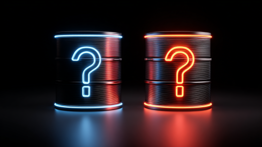 Two neon drums with neon question marks