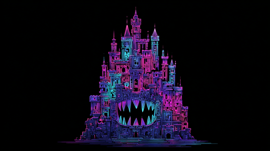 neon castle with teeth on an empty, flat black background