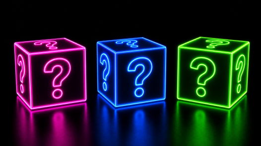 3 neon boxes with different neon question marks sitting next to one another on a black background